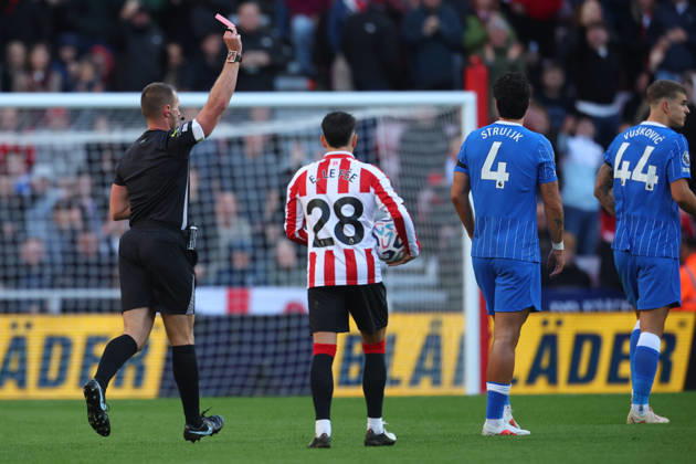 Sunderland v Brighton and Hove Albion - Premier League 2026 27 Pascal Struijk of Brighton and Hove Albion is shown a Red card and sent off by referee Thomas Bramall during the Premier League 2026 27 match between Sunderland and Brighton & Hove Albion at Stadium of Light on October 10, 2026 in Sunderland, England. WARNING! This Photograph May Only Be Used For Newspaper And Or Magazine Editorial Purposes. May Not Be Used For Publications Involving 1 player, 1 Club Or 1 Competition Without Written Authorisation From Football DataCo Ltd. For Any Queries, Please Contact Football DataCo Ltd on +44 (0) 207 864 9121 Sunderland Stadium of Light England United Kingdom Copyright: xAllstarxPicturexLibraryxLtdx