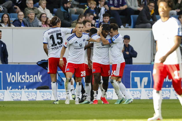 Hamburger SV celebrates Terem Moffi s goal to tie the game at 2–2; Hamburger SV, 09; joy, excitement, positive emotions, goal, Germany, soccer, Bundesliga 1, Matchday 5, 2026–2027, TSG Hoffenheim vs. Hamburger SV, October 10, 2026, Sinsheim SNP Arena, Germany Copyright: xGrantxHubbsx