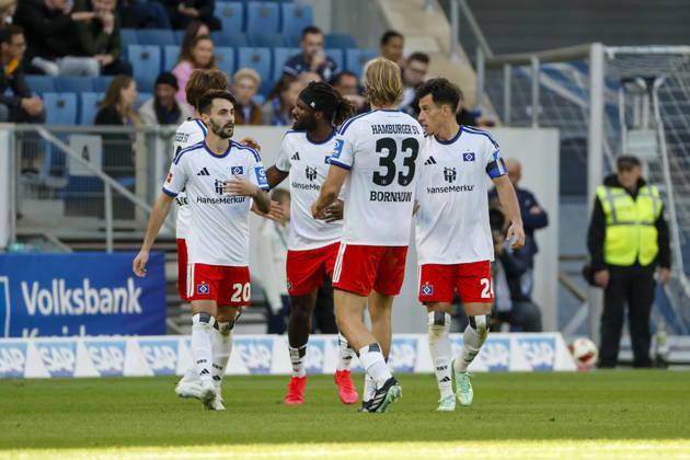 Hamburger SV celebrates Terem Moffi s goal to tie the game at 2–2; Hamburger SV, 09; joy, excitement, positive emotions, goal, Germany, soccer, Bundesliga 1, Matchday 5, 2026–2027, TSG Hoffenheim vs. Hamburger SV, October 10, 2026, Sinsheim SNP Arena, Germany Copyright: xGrantxHubbsx