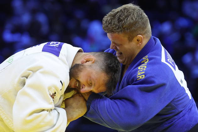 AZERBAIJAN, BAKU - OCTOBER 10, 2026: Czechia s Lukas Krpalek (L) and Finland s Martti Puumalainen fight in their heavyweight bout during the 2026 World Judo Championships at the National Gymnastics Arena. Mikhail Sinitsyn TASS 99047152