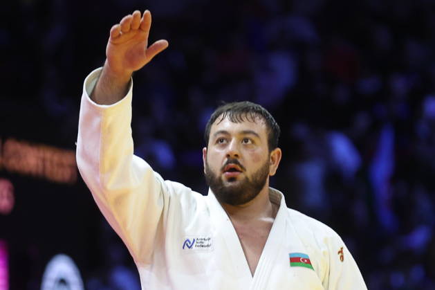 AZERBAIJAN, BAKU - OCTOBER 10, 2026: Azerbaijan s Kanan Nasibov appears in his heavyweight bout during the 2026 World Judo Championships at the National Gymnastics Arena. Mikhail Sinitsyn TASS 99048217