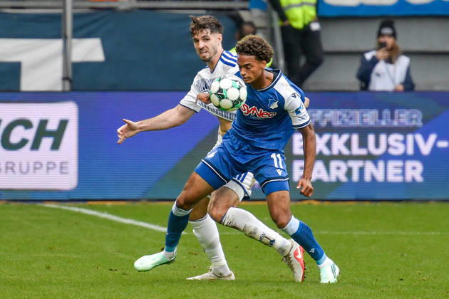 From left: Tobias Fleckstein (Duisburg) vs. Jykese Fields (Hoffenheim) 5 11 10 10 2026 ¢ Soccer ¢ MSV Duisburg vs. TSG 1899 Hoffenheim II, Schauinsland Reisen Arena, Duisburg, DFB and DFL regulations prohibit any use of photographs as image sequences and or quasi-video. NRW, Germany Copyright: xpepphotox xSaschaxWeizx pep00321, pep_20261010_hm