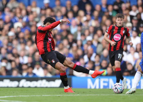 10th October 2026; Stamford Bridge, London, England; Premier League Football, Chelsea versus Bournemouth; Evanilson of AFC Bournemouth takes a shot on goal JohnxPatrickxFletcher