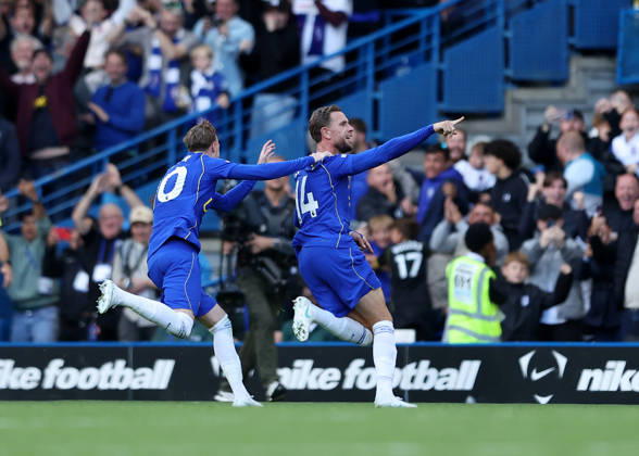 10th October 2026; Stamford Bridge, London, England; Premier League Football, Chelsea versus Bournemouth; Jordan Henderson of Chelsea celebrates after scoring his sides 5th goal from a direct free kick in the 70th minute to make it 5-1 with Cole Palmer of Chelsea JohnxPatrickxFletcher