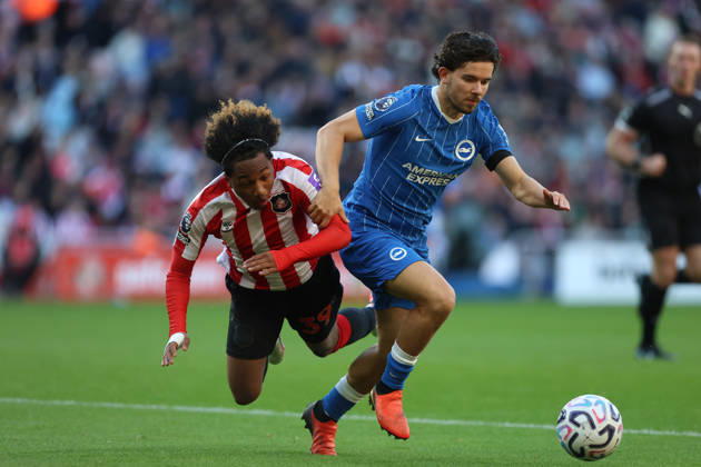 10th October 2026; Stadium of Light, Sunderland, England; Premier League Football, Sunderland versus Brighton and Hove Albion; Ferdi Kadioglu of Brighton and Hove Albion challenges Malick Fofana of Sunderland DavexLofthouse