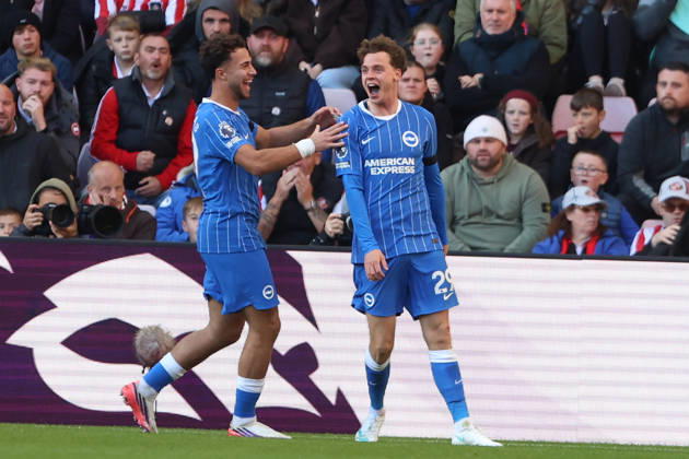 10th October 2026; Stadium of Light, Sunderland, England; Premier League Football, Sunderland versus Brighton and Hove Albion; Maxim De Cuyper of Brighton and Hove Albion celebrates scoring DavexLofthouse