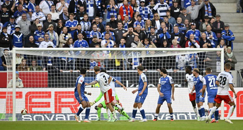 GOAL: 2-3 Miro Muheim, Hamburger SV (HSV) 28. Shot on goal. The ball finds its way through friends and foes into the net. TSG 1899 Hoffenheim vs. Hamburger SV (HSV) 10 10 2026. DFL regulations prohibit any use of photographsHS AS IMAGE SEQUENCES AND OR QUASI-VIDEO TSG 1899 Hoffenheim vs. Hamburger SV HSV