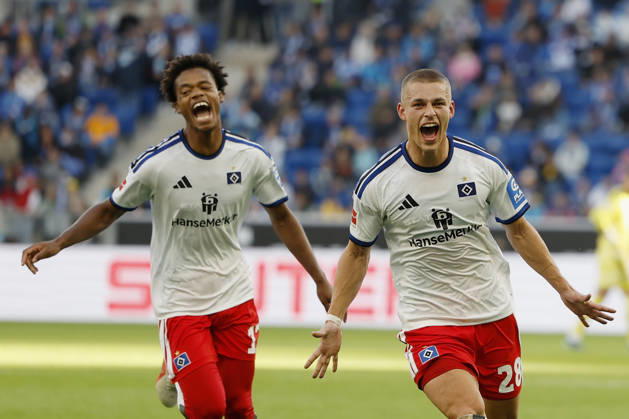 From left to right: Warmed Omari (HSV) and goal scorer Miro Muheim (HSV), Celebrations after the goal that made it 2–3, cheering, celebrated, cheers, cheering, emotions during the Bundesliga match between TSG 1899 Hoffenheim and Hamburger SV at the PreZero Arena, Sinsheim, Germany, on October 10, 2026, in action during the Bundesliga match between TSG 1899 Hoffenheim and Hamburger SV at the PreZero Arena, Sinsheim, Germany, on October 10, 2026. DFB and DFL regulations prohibit any use of photographs as image sequences and or quasi-video, Copyright: HMBxMedia xHeikoxBecker