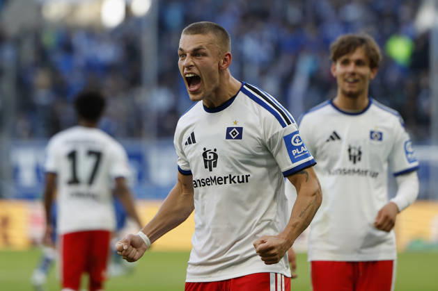 Goal scorer: Miro Muheim (HSV), Celebrating after his goal to make it 2–3, cheering, celebrated, cheers, cheering, emotions during the Bundesliga match between TSG 1899 Hoffenheim and Hamburger SV at the PreZero Arena, Sinsheim, Germany, on October 10, 2026, in action during the Bundesliga match between TSG 1899 Hoffenheim and Hamburger SV at the PreZero Arena, Sinsheim, Germany, on October 10, 2026. DFB and DFL regulations prohibit any use of photographs as image sequences and or quasi-video, Copyright: HMBxMedia xHeikoxBecker