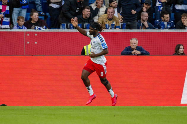 Goal celebration by goal scorer Terem Moffi, Hamburger SV xettx, Germany, Sinsheim, October 10, 2026, Soccer, Bundesliga: TSG 1899 Hoffenheim vs. Hamburger SV, 2026–2027 season, Matchday 5, SNP Arena. DFL and DFB regulations prohibit any use of photographs as image sequences and or quasi-video.