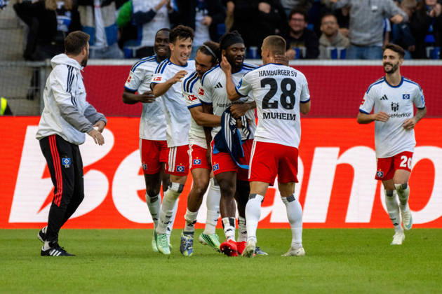 Goal celebration by goal scorer Terem Moffi, Hamburger SV xettx, Germany, Sinsheim, October 10, 2026, Soccer, Bundesliga: TSG 1899 Hoffenheim vs. Hamburger SV, 2026–2027 season, Matchday 5, SNP Arena. DFL and DFB regulations prohibit any use of photographs as image sequences and or quasi-video.