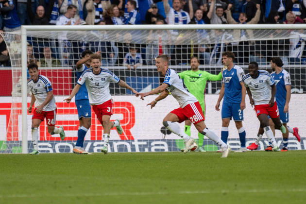 Goal celebration by goal scorer Miro Muheim, Hamburger SV xettx, Germany, Sinsheim, October 10, 2026, Soccer, Bundesliga: TSG 1899 Hoffenheim vs. Hamburger SV, 2026–2027 season, Matchday 5, SNP Arena. DFL and DFB regulations prohibit any use of photographs as image sequences and or quasi-video.