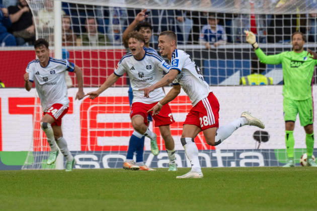 Goal celebration by goal scorer Miro Muheim, Hamburger SV xettx, Germany, Sinsheim, October 10, 2026, Soccer, Bundesliga: TSG 1899 Hoffenheim vs. Hamburger SV, 2026–2027 season, Matchday 5, SNP Arena. DFL and DFB regulations prohibit any use of photographs as image sequences and or quasi-video.