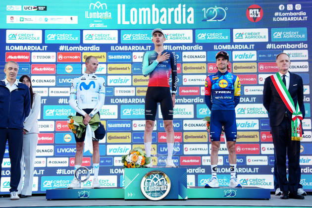 France s Paul Seixas of Decathlon CMA CGM Team first place winner, Spain s Enric Mas Nicolau of Movistar Team second place, Italy s Giulio Ciccone of Lidl-Trek third place, celebrates on the podium during the 120th edition of the Il Lombardia, Tour of Lombardy cycling race, a 239 km one day race from Bergamo to Como on October 10, 2026, Italy. Copyright: xGianxMattiaxD Alberto LaPressex