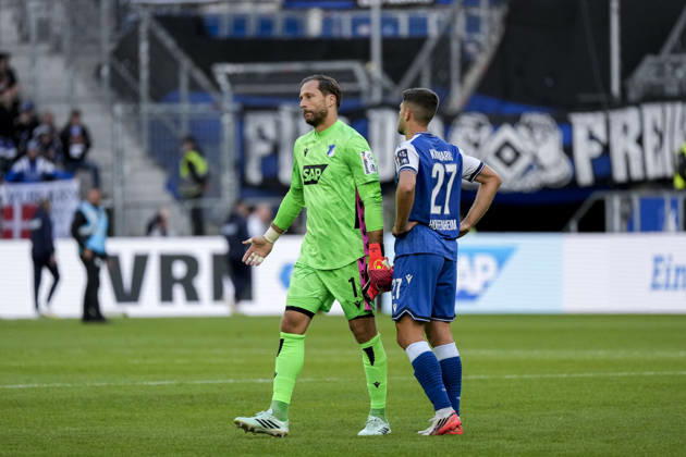v li Oliver Baumann, goalkeeper, Hoffenheim, 1, captain, Andrej Kramaric, Hoffenheim, 27, TSG 1899 Hoffenheim player, disappointed by the loss, disappointment after the final whistle, highlight, loser, lost, frustration, disappointed, pessimistic, 10 10 2026, Sinsheim, Germany, soccer, Bundesliga, TSG 1899 Hoffenheim, Hamburger SV, DFB and DFL regulations prohibit any use of photographs as image sequences and or quasi-video xozx