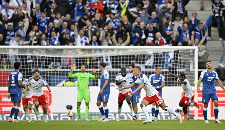 GOAL: 2-3 Miro Muheim, Hamburger SV (HSV) 28 Goal Celebration, TSG 1899 Hoffenheim vs. Hamburger SV (HSV), October 10, 2026. DFL regulations prohibit any use of photographs as image sequences and or quasi- VIDEO TSG 1899 Hoffenheim vs. Hamburger SV (HSV)