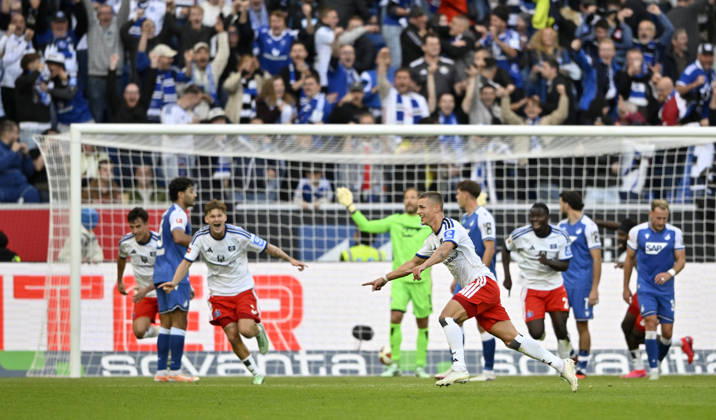 GOAL: 2-3 Miro Muheim, Hamburger SV (HSV) 28 Goal Celebration, TSG 1899 Hoffenheim vs. Hamburger SV (HSV), October 10, 2026. DFL regulations prohibit any use of photographs as image sequences and or quasi- VIDEO TSG 1899 Hoffenheim vs. Hamburger SV (HSV)