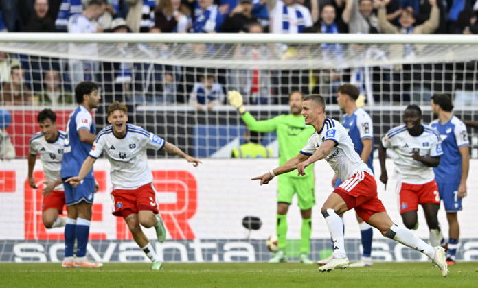 GOAL: 2-3 Miro Muheim, Hamburger SV (HSV) 28 Goal Celebration, TSG 1899 Hoffenheim vs. Hamburger SV (HSV), October 10, 2026. DFL regulations prohibit any use of photographs as image sequences and or quasi- VIDEO TSG 1899 Hoffenheim vs. Hamburger SV (HSV)