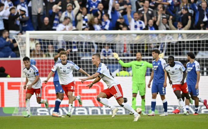 GOAL: 2-3 Miro Muheim, Hamburger SV (HSV) 28 Goal Celebration, TSG 1899 Hoffenheim vs. Hamburger SV (HSV), October 10, 2026. DFL regulations prohibit any use of photographs as image sequences and or quasi- VIDEO TSG 1899 Hoffenheim vs. Hamburger SV (HSV)