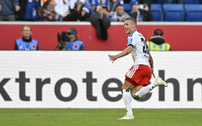 GOAL: 2-3 Miro Muheim, Hamburger SV (HSV) 28 Goal Celebration, TSG 1899 Hoffenheim vs. Hamburger SV (HSV), October 10, 2026. DFL regulations prohibit any use of photographs as image sequences and or quasi- VIDEO TSG 1899 Hoffenheim vs. Hamburger SV (HSV)