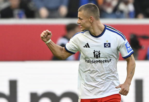 GOAL: 2-3 Miro Muheim, Hamburger SV (HSV) 28 Goal Celebration, TSG 1899 Hoffenheim vs. Hamburger SV (HSV), October 10, 2026. DFL regulations prohibit any use of photographs as image sequences and or quasi- VIDEO TSG 1899 Hoffenheim vs. Hamburger SV (HSV)