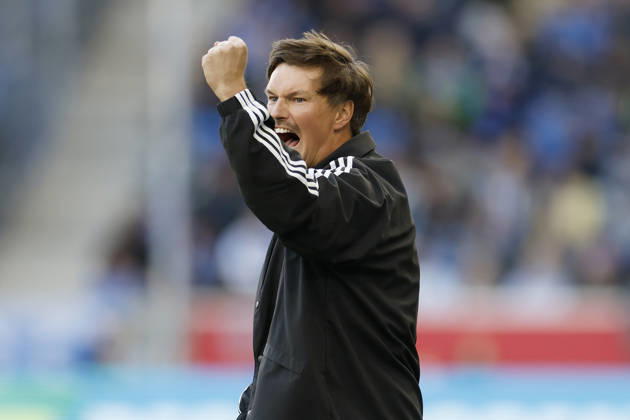 Coach Merlin Polzin (HSV), cheering, celebrating, celebrated, cheers, emotions, Becker Faust in action during the Bundesliga match between TSG 1899 Hoffenheim and Hamburger SV at the PreZero Arena, Sinsheim, Germany, on October 10, 2026, in action during the Bundesliga match between TSG 1899 Hoffenheim and Hamburger SV at the PreZero Arena, Sinsheim, Germany, on October 10, 2026. DFB and DFL regulations prohibit any use of photographs as image sequences and or quasi-video, Copyright: HMBxMedia xHeikoxBecker