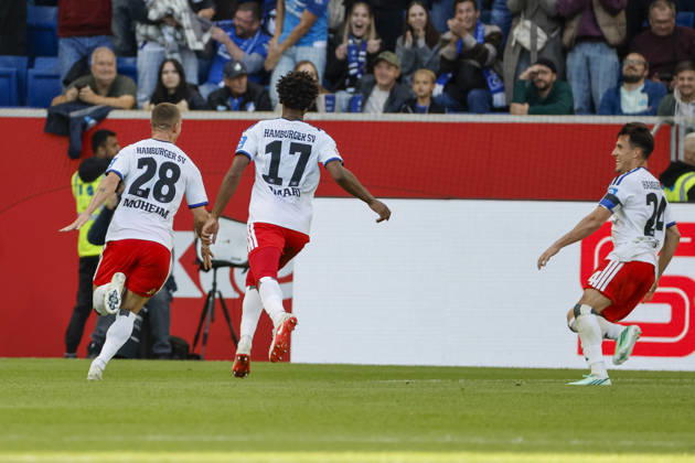 Hamburger SV celebrates a goal in a 2–3 match by Miro Muheim, Hamburger SV, 28, joy, excitement, positive emotions, goal, Germany, soccer, Bundesliga 1, Matchday 5, 2026–2027, TSG Hoffenheim vs. Hamburger SV, October 10, 2026, Sinsheim SNP Arena, Germany Copyright: xGrantxHubbsx