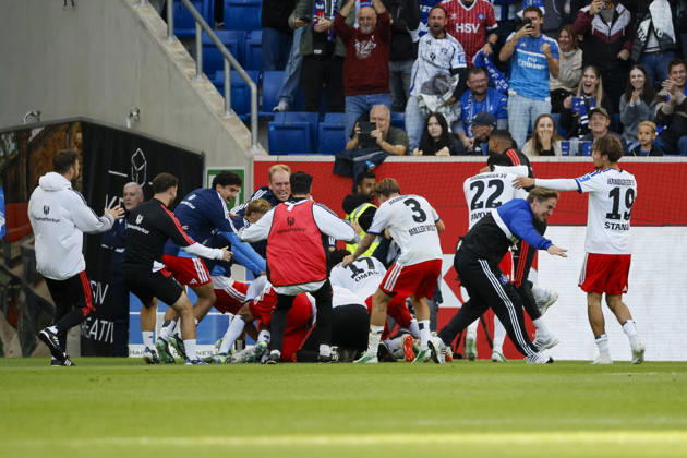 Hamburger SV celebrates a goal in a 2–3 match by Miro Muheim, Hamburger SV, 28, joy, excitement, positive emotions, goal, Germany, soccer, Bundesliga 1, Matchday 5, 2026–2027, TSG Hoffenheim vs. Hamburger SV, October 10, 2026, Sinsheim SNP Arena, Germany Copyright: xGrantxHubbsx