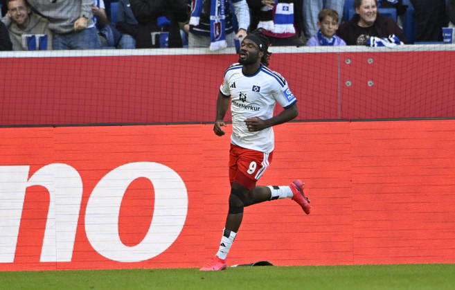 GOAL: 2-2 Terem Moffi, Hamburger SV (HSV) 09 Goal Celebration, TSG 1899 Hoffenheim vs. Hamburger SV (HSV), October 10, 2026. DFL regulations prohibit any use of photographs as image sequences and or QUASI VIDEO TSG 1899 Hoffenheim vs. Hamburger SV (HSV)