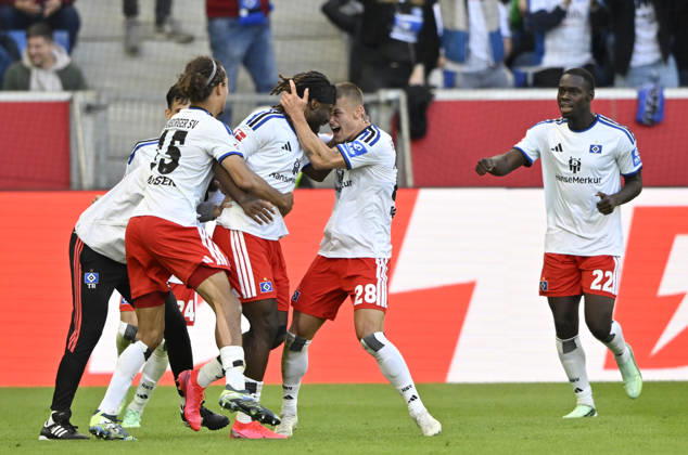 GOAL for 2-2 Terem Moffi Hamburger SV HSV 09 Goal celebration Miro Muheim Hamburger SV HSV 28 Kofi Amoako Hamburger SV HSV 22 Yussuf Poulsen Hamburger SV HSV 15 TSG 1899 Hoffenheim vs. Hamburger SV HSV 10 10 2026 DFL regulations prohibit any use of photographs as image sequences and or quasi-video TSG 1899 Hoffenheim vs. Hamburger SV HSV