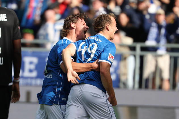 October 10, 2026, Soccer, 2. Bundesliga, SV Darmstadt 98 vs. Energie Cottbus: Fynn Luca Lakenmacher of SV Darmstadt 98 and Yannik Luehrs of SV Darmstadt 98 are seen celebrating after scoring a goal to make the score 3–1. Copyright: HMBxMedia JoaquimxFerreira