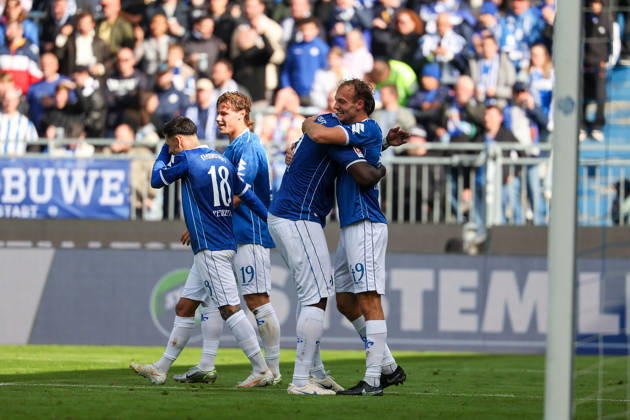 October 10, 2026, Soccer, 2. Bundesliga, SV Darmstadt 98 vs. Energie Cottbus; Patric Pfeiffer of SV Darmstadt 98 and Yannik Luehrs of SV Darmstadt 98 are seen celebrating after scoring a goal to make the score 3–1. Copyright: HMBxMedia JoaquimxFerreira