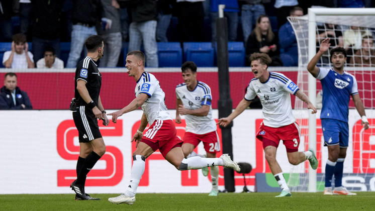 From left: Goal scorer Miro Muheim (HSV), 28; Nicolas Capaldo (HSV), 24; David Möller Wolfe (HSV), 3; players from Hamburger SV (HSV) celebrate the goal that made the score 2–3, Celebration, goal celebration, scoring a goal, celebrate the goal, goal, celebration, celebrating the goal, joy, happiness, happy, optimistic, positive, game scene, highlight, action, 10 10 2026, Sinsheim, Germany, soccer, Bundesliga, TSG 1899 Hoffenheim vs. Hamburger SV, DFB and DFL regulations prohibit any use of photographs as image sequences and or quasi-video xozx