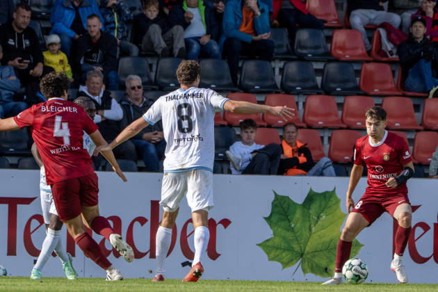 October 10, 2026, xerix, Soccer 3rd Division, SG Sonnenhof Großaspach vs. SV Waldhof Mannheim – Match scene featuring Jan Elias Rahn (SG Sonnenhof Großaspach), Maximilian Thalhammer (SV Waldhof Mannheim), and Franz Xaver Noah Bleicher (SG Sonnenhof Großaspach)