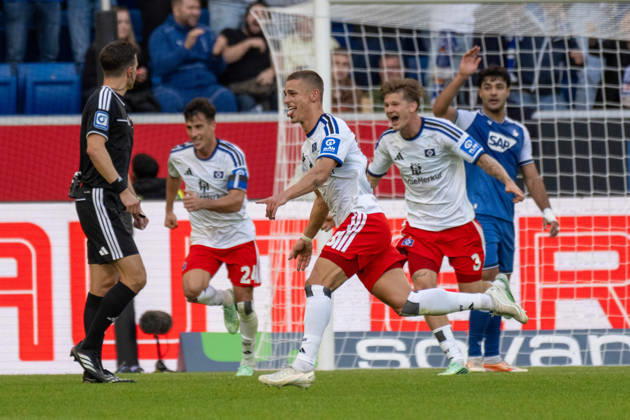 Goal celebration by goal scorer Miro Muheim, Hamburger SV xettx, Germany, Sinsheim, October 10, 2026, Soccer, Bundesliga: TSG 1899 Hoffenheim vs. Hamburger SV, 2026–2027 season, Matchday 5, SNP Arena. DFL and DFB regulations prohibit any use of photographs as image sequences and or quasi-video.