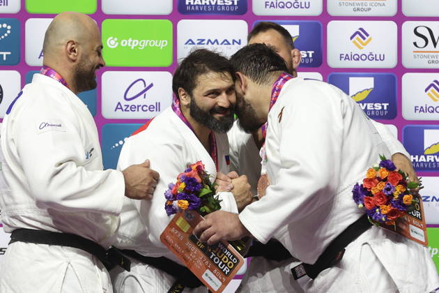 AZERBAIJAN, BAKU - OCTOBER 10, 2026: Azerbaijan s Ushangi Kokauri, Russia s Inal Tasoev and Azerbaijan s Kanan Nasibov (L-R) celebrate their silver, gold and bronze medals respectively during a victory ceremony for the men s heavyweight event as the 2026 World Judo Championships takes place at the National Gymnastics Arena 2026 World Judo Championships In Baku  - ZUMAt113 20261010_zaa_t113_464 Copyright: xMikhailxSinitsynx