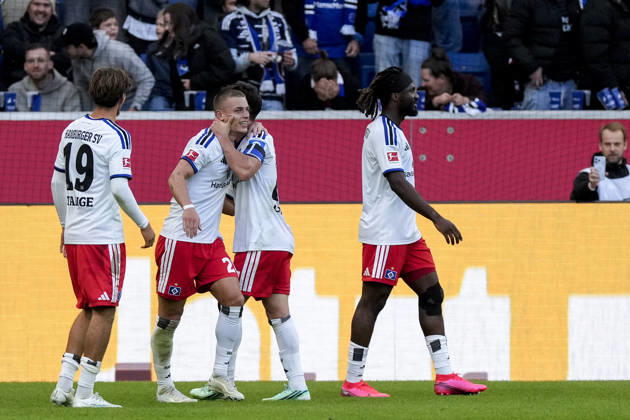 From left: Otto Stange (HSV), 19; goal scorer Miro Muheim (HSV), 28; Nicolas Capaldo (HSV), 24; Terem Moffi (HSV), 9; players from Hamburger SV (HSV) celebrating the goal that made it 2–3, Celebration, goal celebration, scoring a goal, celebrating the goal, goal, celebration, celebrating the goal, joy, happiness, happy, optimistic, positive, game scene, highlight, action, 10 10 2026, Sinsheim, Germany, soccer, Bundesliga, TSG 1899 Hoffenheim vs. Hamburger SV, DFB and DFL regulations prohibit any use of photographs as image sequences and or quasi-video xozx