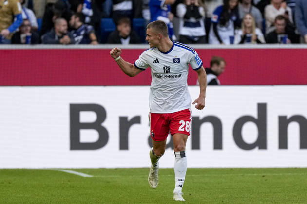 Goal scorer Miro Muheim (HSV), 28, a player for Hamburger SV (HSV), celebrates the goal that made the score 2–3; celebration, celebrating, goal celebration, goal scored, celebrate the goal, goal, celebration, celebrating the goal, joy, happiness, happy, optimistic, positive, game scene, highlight, cropped image, full-body, single frame, single photo, action, 10 10 2026, Sinsheim, Germany, soccer, Bundesliga, TSG 1899 Hoffenheim, Hamburger SV, DFB and DFL regulations prohibit any use of photographs as image sequences and or quasi-video xozx