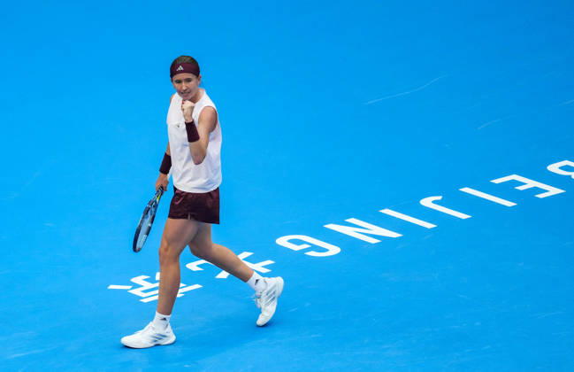 (261010) -- BEIJING, Oct. 10, 2026 -- Nikola Bartunkova of the Czech Republic celebrates scoring during the women s singles semifinal match against Mirra Andreeva of Russia at 2026 China Open tennis tournament in Beijing, China, Oct. 10, 2026. ) (SP)CHINA-BEIJING-TENNIS-CHINA OPEN-WOMEN S SINGLES-SEMIFINAL (CN) SunxFei