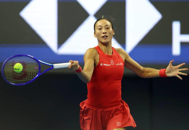 (261010) -- BEIJING, Oct. 10, 2026 -- Zheng Qinwen hits a return during the women s singles semifinal between Zheng Qinwen of China and Elise Mertens of Belgium at 2026 China Open tennis tournament in Beijing, China, Oct. 10, 2026. ) (SP)CHINA-BEIJING-TENNIS-CHINA OPEN-WOMEN S SINGLES-SEMIFINAL (CN) ZhangxChenlin