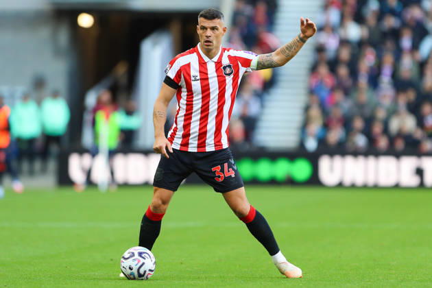 SUNDERLAND, ENGLAND, OCTOBER 10: Granit Xhaka of Sunderland AFC gestures on the ball during a Premier League 2026-27 match between Sunderland AFC and Brighton & Hove Albion at the Stadium of Light on October 10, 2026 in Sunderland, England. (Photo by Zach Forster Sports Press Photo) Copyright: xZachxForster SportsxPressxPhotox Sportspressphoto_SPR251004