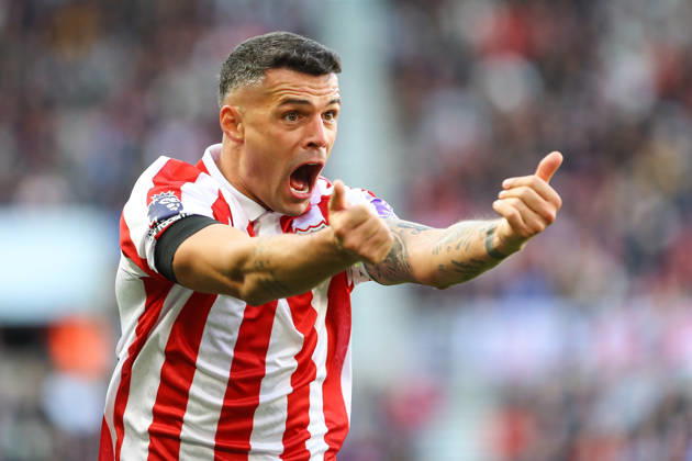 SUNDERLAND, ENGLAND, OCTOBER 10: Granit Xhaka of Sunderland AFC gestures for the ball during a Premier League 2026-27 match between Sunderland AFC and Brighton & Hove Albion at the Stadium of Light on October 10, 2026 in Sunderland, England. (Photo by Zach Forster Sports Press Photo) Copyright: xZachxForster SportsxPressxPhotox Sportspressphoto_SPR251014