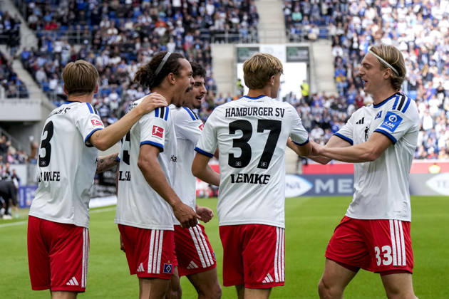 From left: David Möller Wolfe (HSV), 3; goal scorer Yussuf Poulsen (HSV), 15; Martin Adeline (HSV), 5, Louis Lemke (HSV), 37, Sebastiaan Bornauw (HSV), 33, players from Hamburger SV (HSV) celebrating the 0–1 goal, celebration, goal celebration, goal scored, celebrating the goal, goal, celebration, celebrating the goal, joy, happiness, happy, optimistic, positive, game scene, highlight, action, 10 10 2026, Sinsheim, Germany, soccer, Bundesliga, TSG 1899 Hoffenheim vs. Hamburger SV, DFB and DFL regulations prohibit any use of photographs as image sequences and or quasi-video xozx
