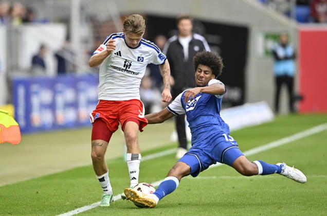 Tackle, Action: Bernardo (TSG 1899 Hoffenheim) 13 vs. David Moeller Wolfe (Hamburger SV HSV) 03; TSG 1899 Hoffenheim vs. Hamburger SV HSV 10 10 2026. DFL regulations prohibit any use of photographs as image SEQUENCES AND OR QUASI-VIDEO TSG 1899 Hoffenheim vs. Hamburger SV HSV