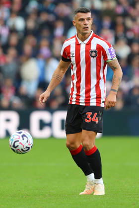 SUNDERLAND, ENGLAND, OCTOBER 10: Granit Xhaka of Sunderland AFC on the ball during a Premier League 2026-27 match between Sunderland AFC and Brighton & Hove Albion at the Stadium of Light on October 10, 2026 in Sunderland, England. (Photo by Zach Forster Sports Press Photo) Copyright: xZachxForster SportsxPressxPhotox Sportspressphoto_SPR251081