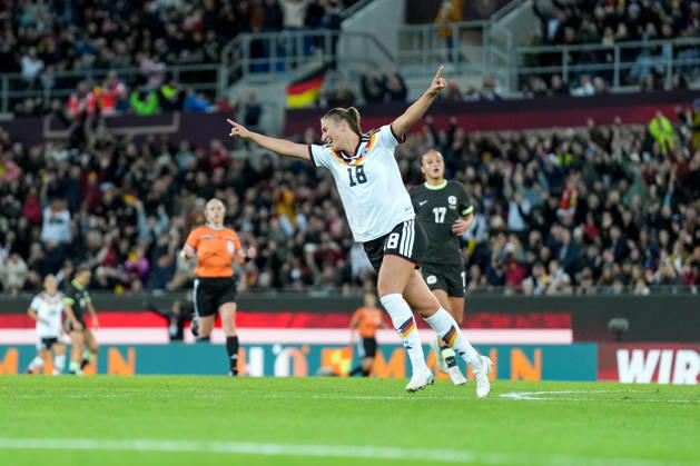 Melissa Kössler Melissa Koessler Germany Women s National Team, 18 goal celebration, emotions, shot on goal, finish, goal scored, goal, hit, Germany, soccer, international match, friendly match, exhibition match, 2026 2027, Germany vs. Australia, October 9, 2026, BBBank Wildpark, Karlsruhe, Karlsruhe, BBBank Wildpark, Baden-Württemberg, Germany Copyright: xArnexAmbergx