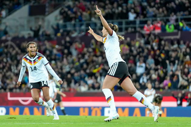 Cora Zicai, Germany Women s National Team, 14, Melissa Kössler Melissa Koessler Germany Women s National Team, 18 Goal celebration, Emotions, Shot on goal, Finish, Goal scored, Goal, Hit, Germany, Soccer, International match, Friendly match, Exhibition match, 2026 2027, Germany vs. Australia, October 9, 2026, BBBank Wildpark, Karlsruhe, Baden-Württemberg, Germany Copyright: xArnexAmbergx