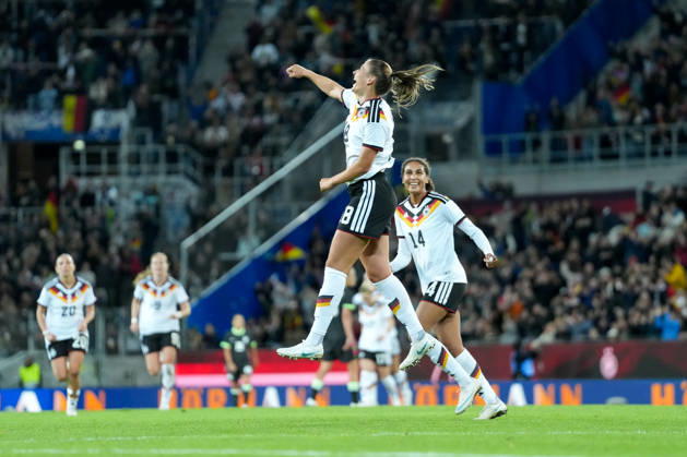 Cora Zicai, Germany Women s National Team, 14, Melissa Kössler Melissa Koessler Germany Women s National Team, 18 Goal celebration, Emotions, Shot on goal, Finish, Goal scored, Goal, Hit, Germany, Soccer, International match, Friendly match, Exhibition match, 2026 2027, Germany vs. Australia, October 9, 2026, BBBank Wildpark, Karlsruhe, Baden-Württemberg, Germany Copyright: xArnexAmbergx