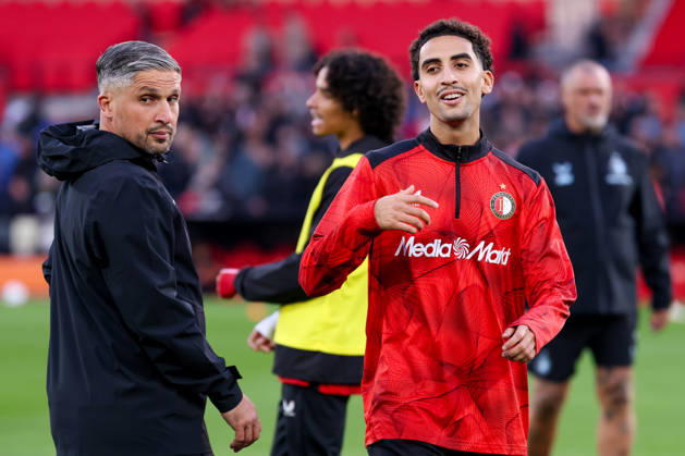 2026-10-10 Feyenoord v AZ Alkmaar - Dutch Eredivisie ROTTERDAM, NETHERLANDS - OCTOBER 10: Warming up of Assistent coach Said Bakkati of Feyenoord, Oussama Targhalline of Feyenoord during the Dutch Eredivisie match between Feyenoord and AZ Alkmaar at Stadion Feijenoord on October 10, 2026 in Rotterdam, Netherlands. Rotterdam Stadion Feijenoord Netherlands Content not available for redistribution in The Netherlands directly or indirectly through any third parties. Copyright: xHansxvanxderxValkx