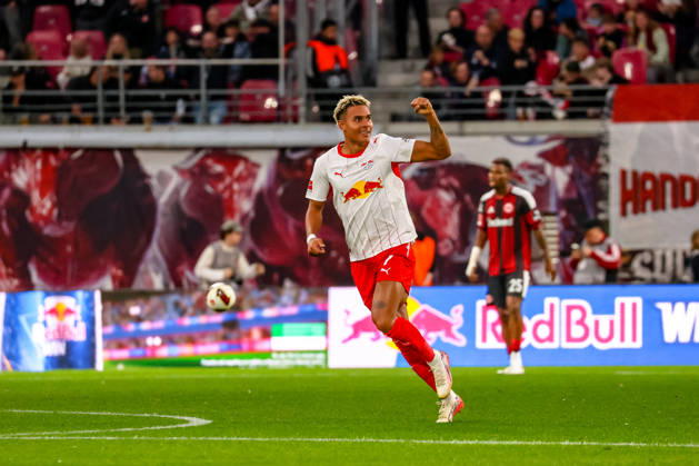 Antonio Nusa, RB Leipzig, 07 Celebration, Goal Celebration, celebrating the 2-0 goal, GER, RB Leipzig vs. Eintracht Frankfurt, Soccer, Men s Bundesliga 1, Matchday 5, 2026–2027 Season, October 10, 2026 DFL regulations prohibit any use of photographs as image sequences and or quasi-video GER, RB Leipzig vs. Eintracht Frankfurt, Soccer, 1st Bundesliga Men, Matchday 5, 2026–2027 Season, October 10, 2026 Leipzig Copyright: xEibner-Pressefoto LauraxRoemerx EP_LRR